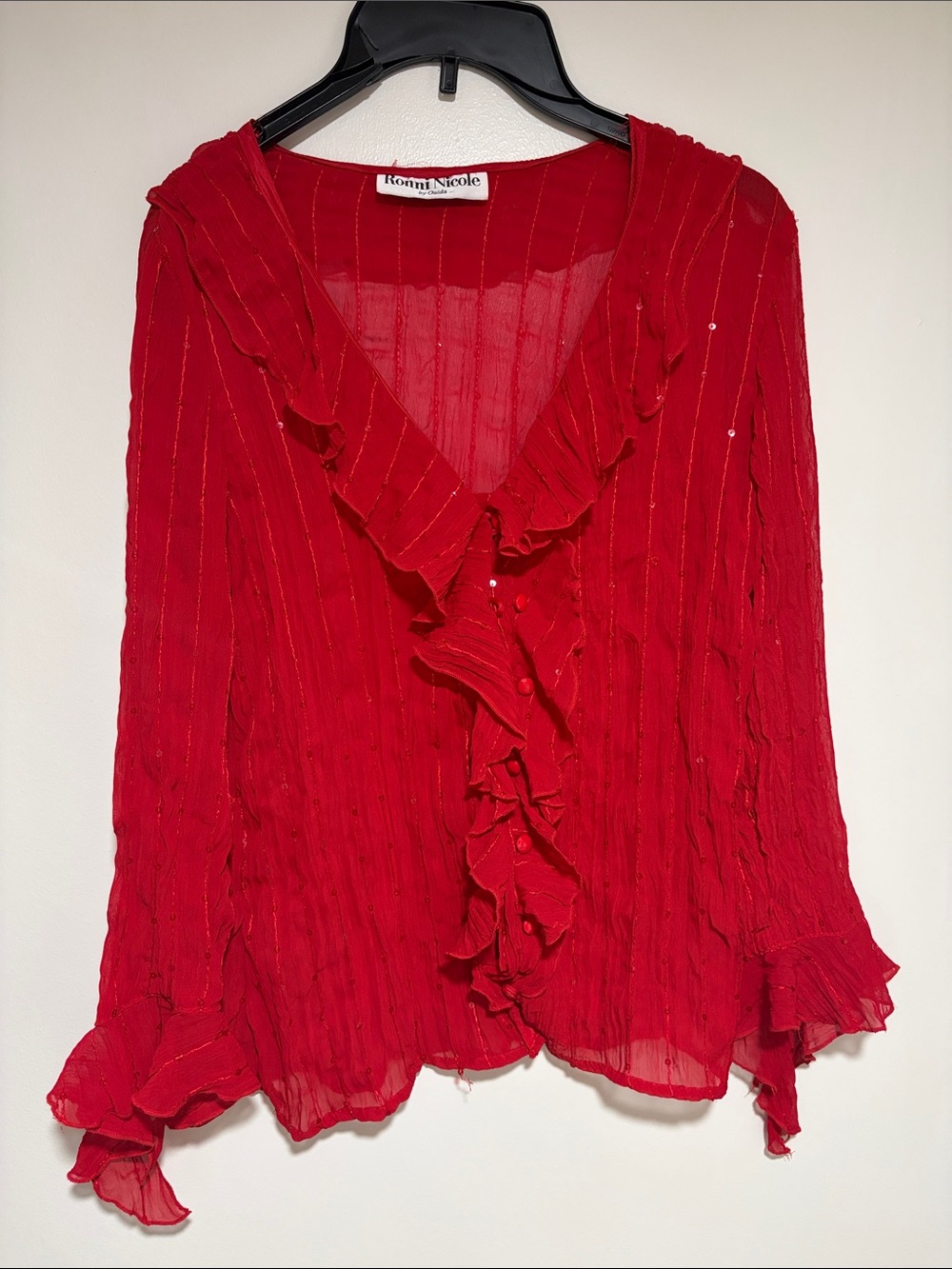 Ronni Nicole Red Ruffle V-Neck Blouse with Vertical Texture